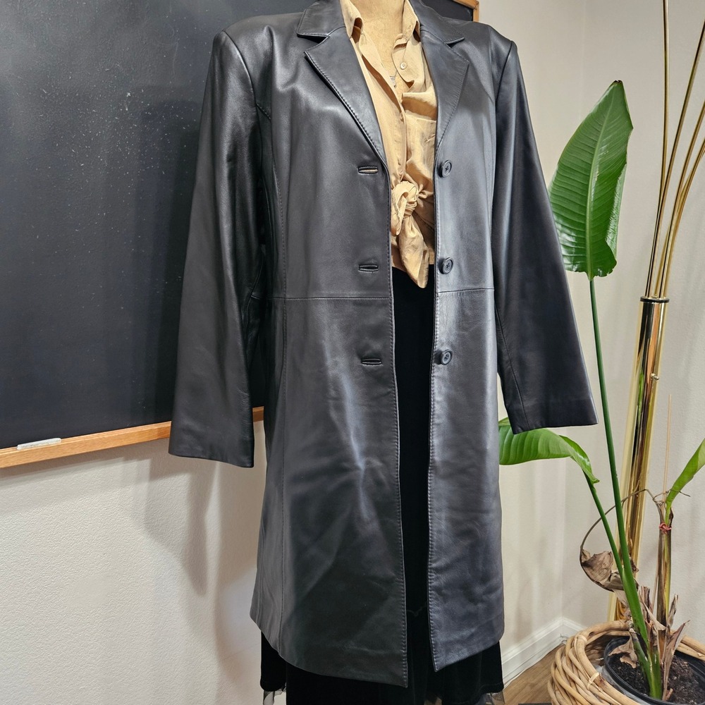 Preston & York Black Genuine Lambskin Leather Long Trench Coat XL